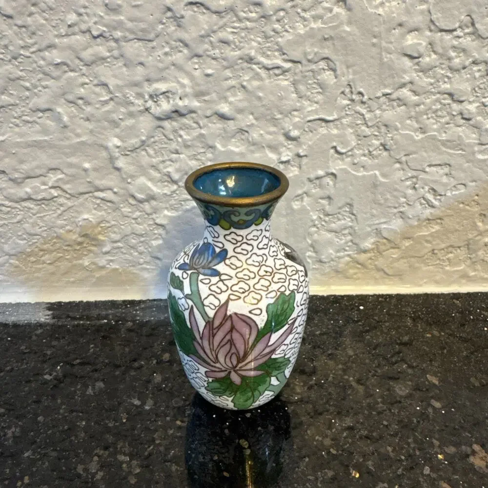 VTG Chinese Cloisonné Floral Bird Enamel Brass Mini Vase White Purple Yellow